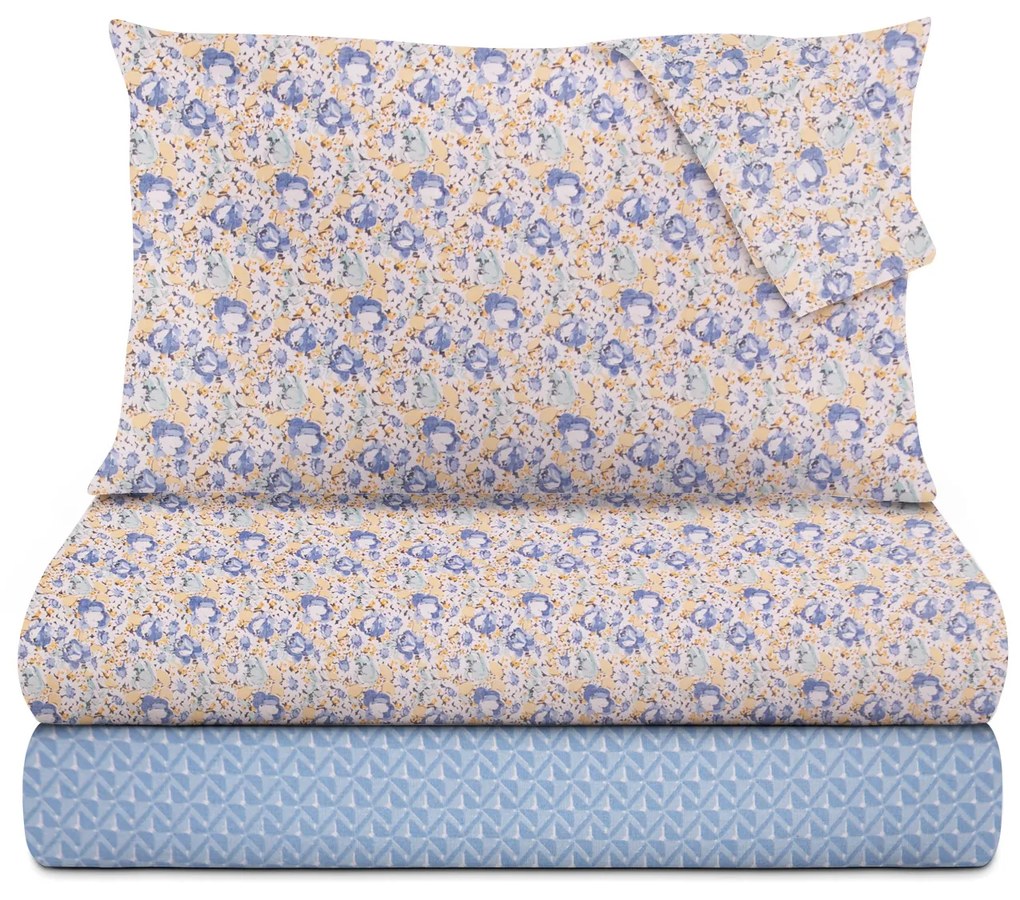 Completo letto matrimoniale cotone fiori blu Golden