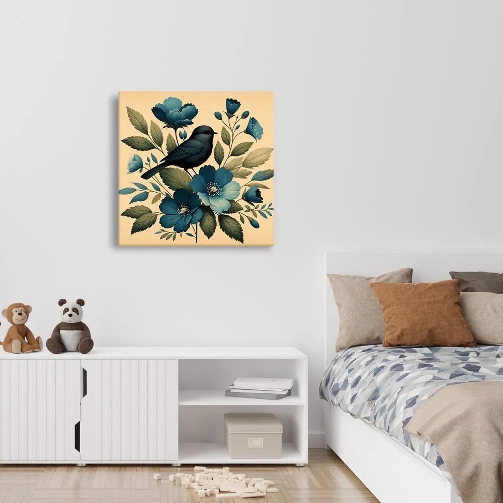 Quadro su tela – Uccellino su ramo con fiori blu