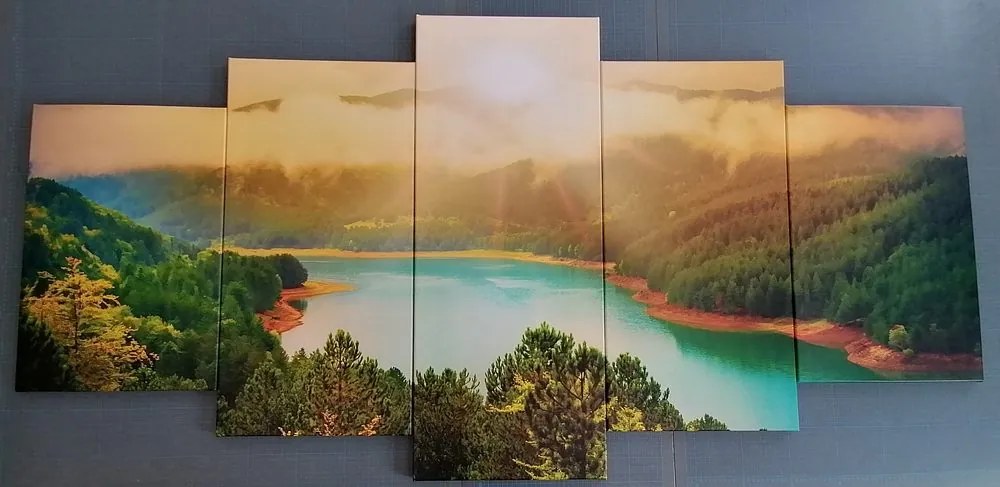 Quadri 5 pezzi – Fiume tra la foresta verde
