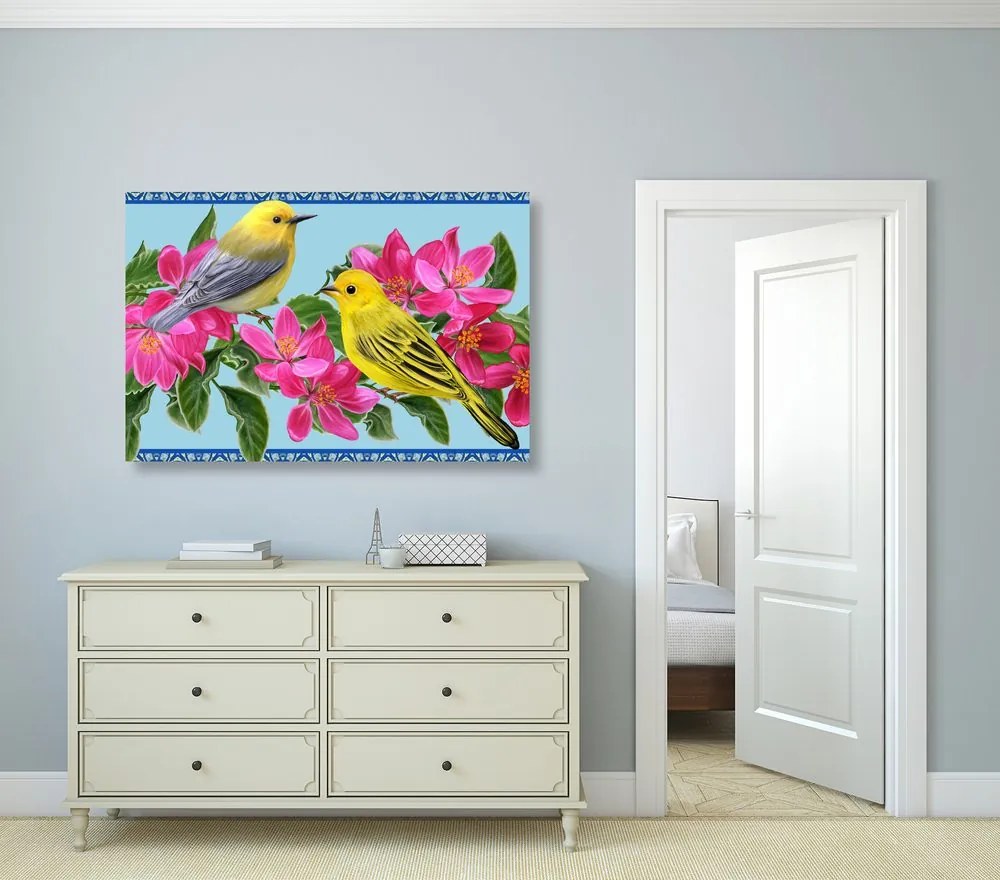 Quadro su tela – Uccellini e fiori in versione vintage