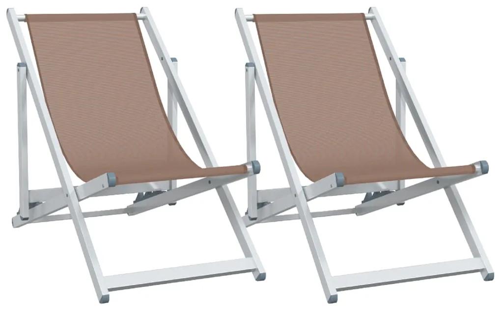 Sedie da Spiaggia Pieghevoli 2 pz Marrone Alluminio e Textilene