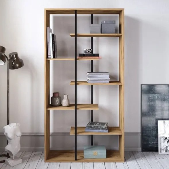 Libreria A Parete Effetto Legno 90x29,5xh173,2 Cm Design Moderno Presto Rovere E Nero