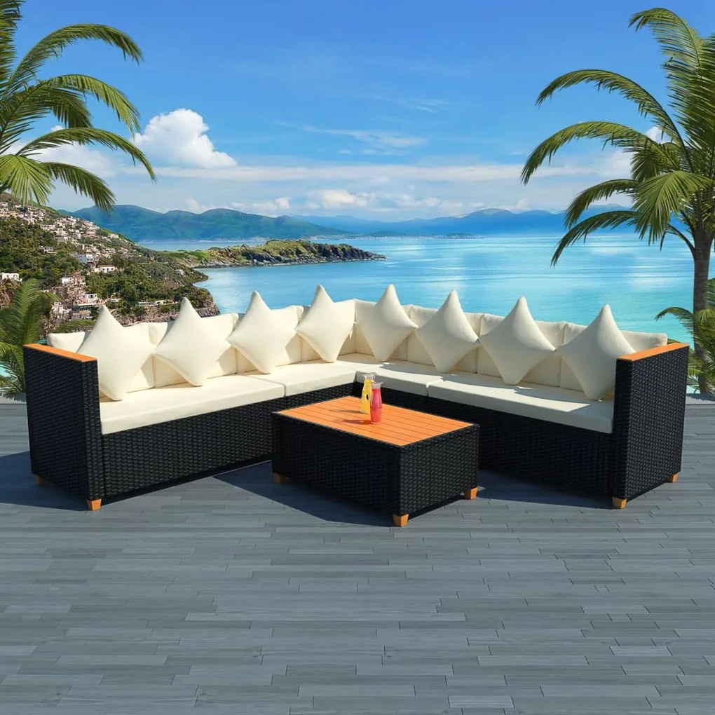 Set divani da giardino 5 pz con cuscini in polyrattan nero