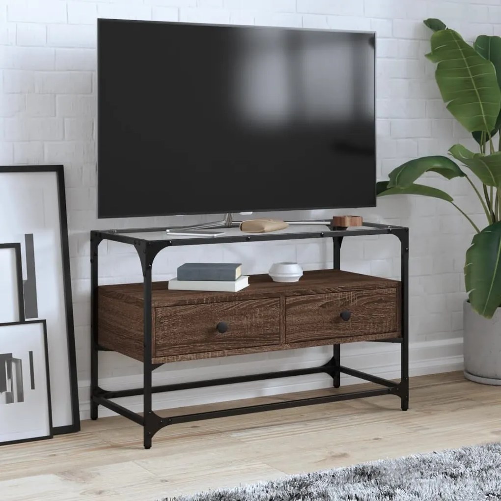 Mobile Tv Piano Vetro Rovere Marrone 80x35x51 Legno Multistrato /