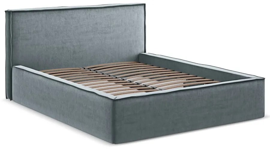 Letto matrimoniale imbottito azzurro con contenitore con griglia 140x200 cm Anani - Makamii