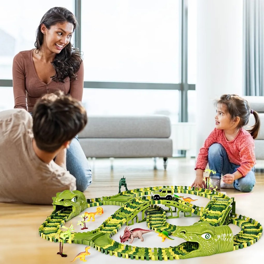 Costway Pista dinosauro per macchinine con 261 pezzi, Pista con dinosauri realistici ponti tunnel