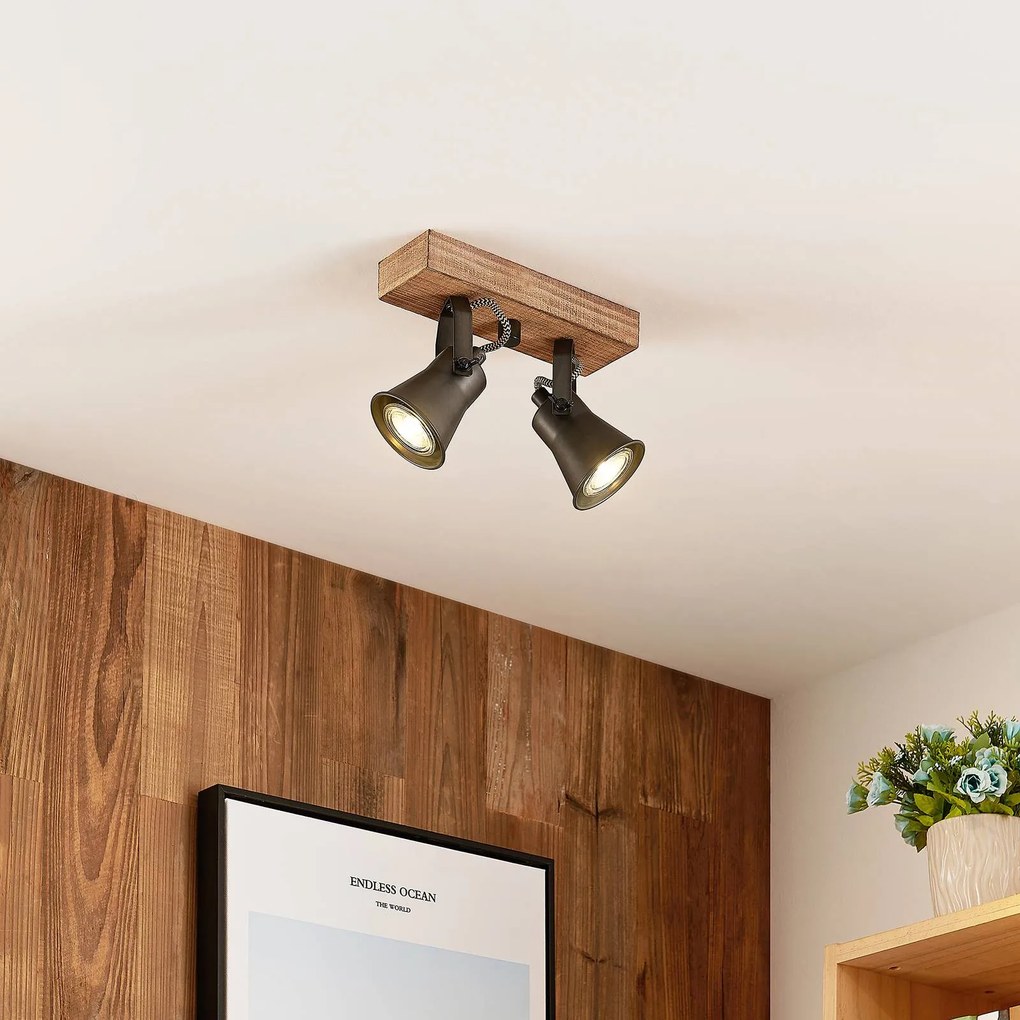 Lindby Grandesa faretto soffitto, 2 luci Lindby, dimmerabile, Legno scuro, Soggiorno / Sala da pranzo, Legno, Vintage, Faretto alogeno