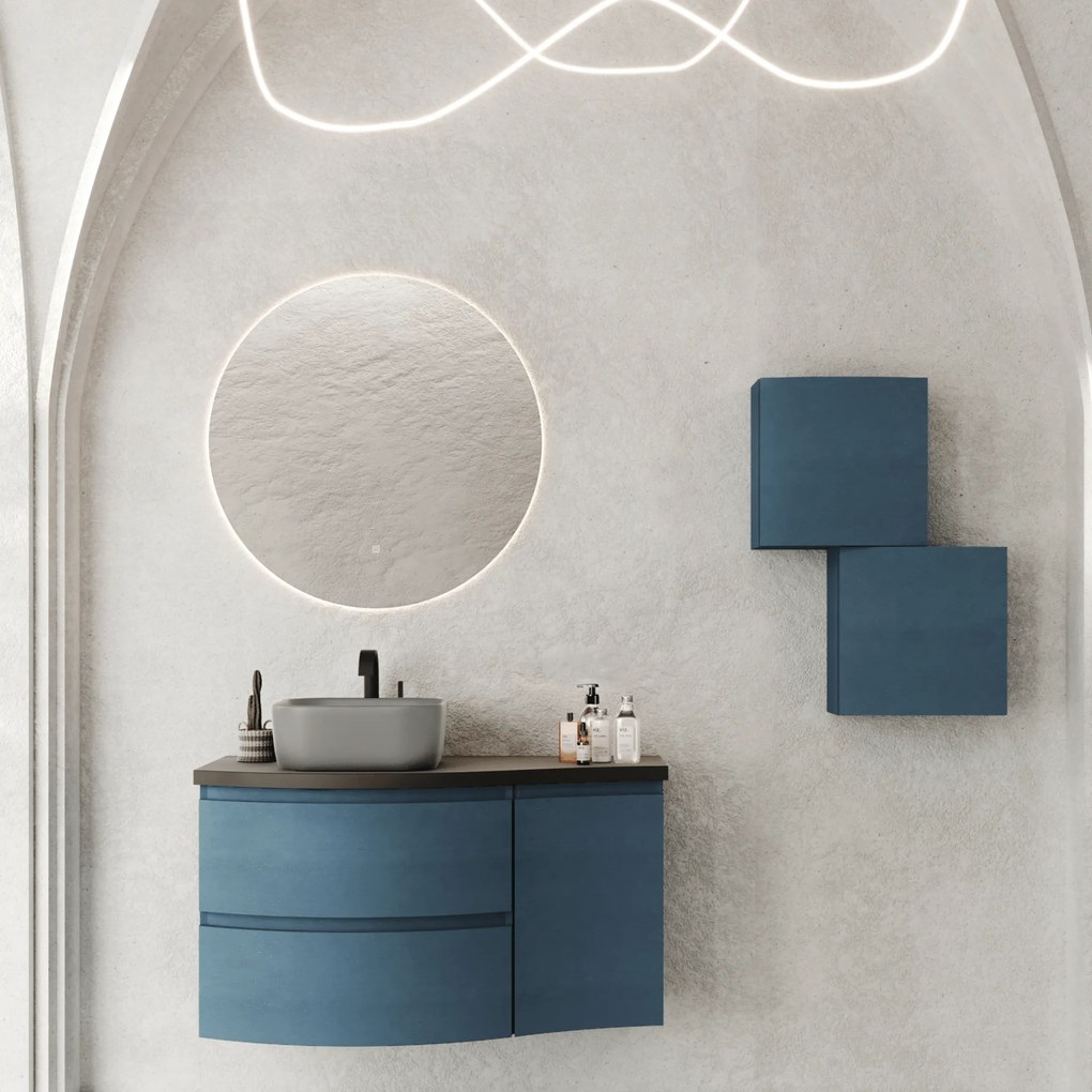 Mobile Bagno Sospeso Curvo 105 Cm Due Cassetti Un'Anta Specchio Tondo Con Illuminazione Led e Touch Diametro 80 Cm Savini Due "Dolce Vita" Grigio Scuro/Blu Petrolio