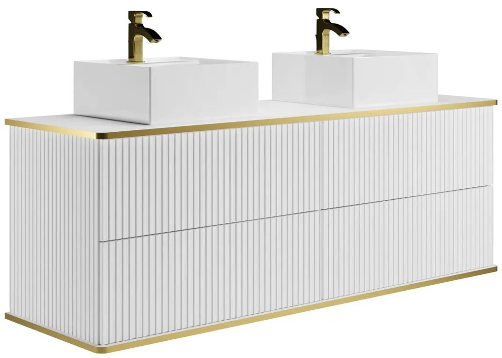 Mobile bagno sospeso scanalature profilo dorato doppio lavabo da appoggio quadrato 150 cm  Bianco - KELIZA