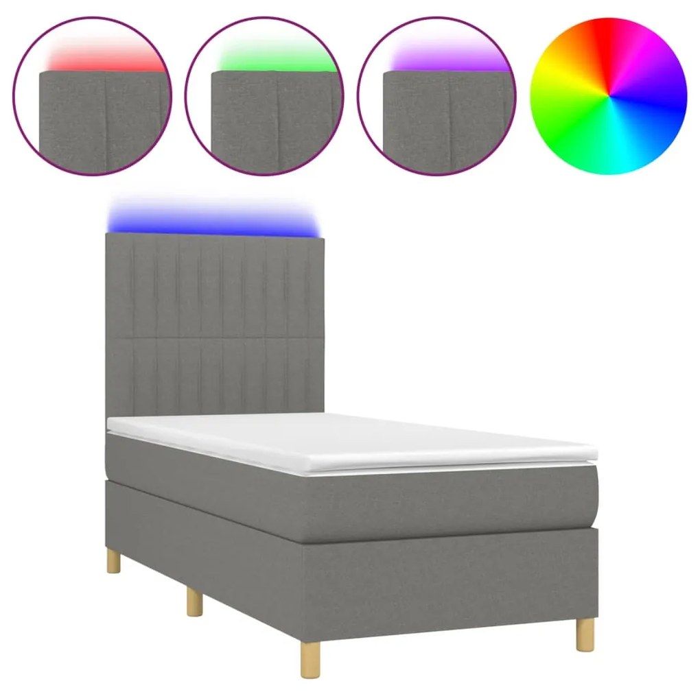 Letto a molle materasso e led grigio scuro 80x200 cm in tessuto