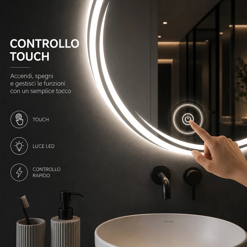 Specchio Rotondo Ø70cm con Spirale LED a 3 Colori Dimmerabile Accensione Touch...