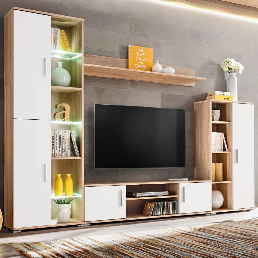 Parete Attrezzata Porta Tv Con Luci Led Rovere Sonoma E Bianco /