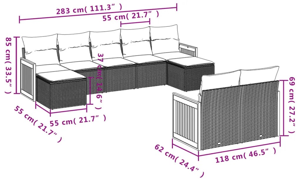 Set divani da giardino 10pz con cuscini in polyrattan nero