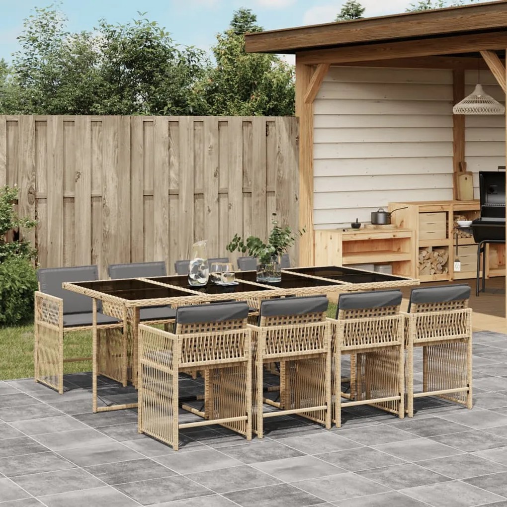 Set pranzo da giardino 9 pz con cuscini beige misto polyrattan