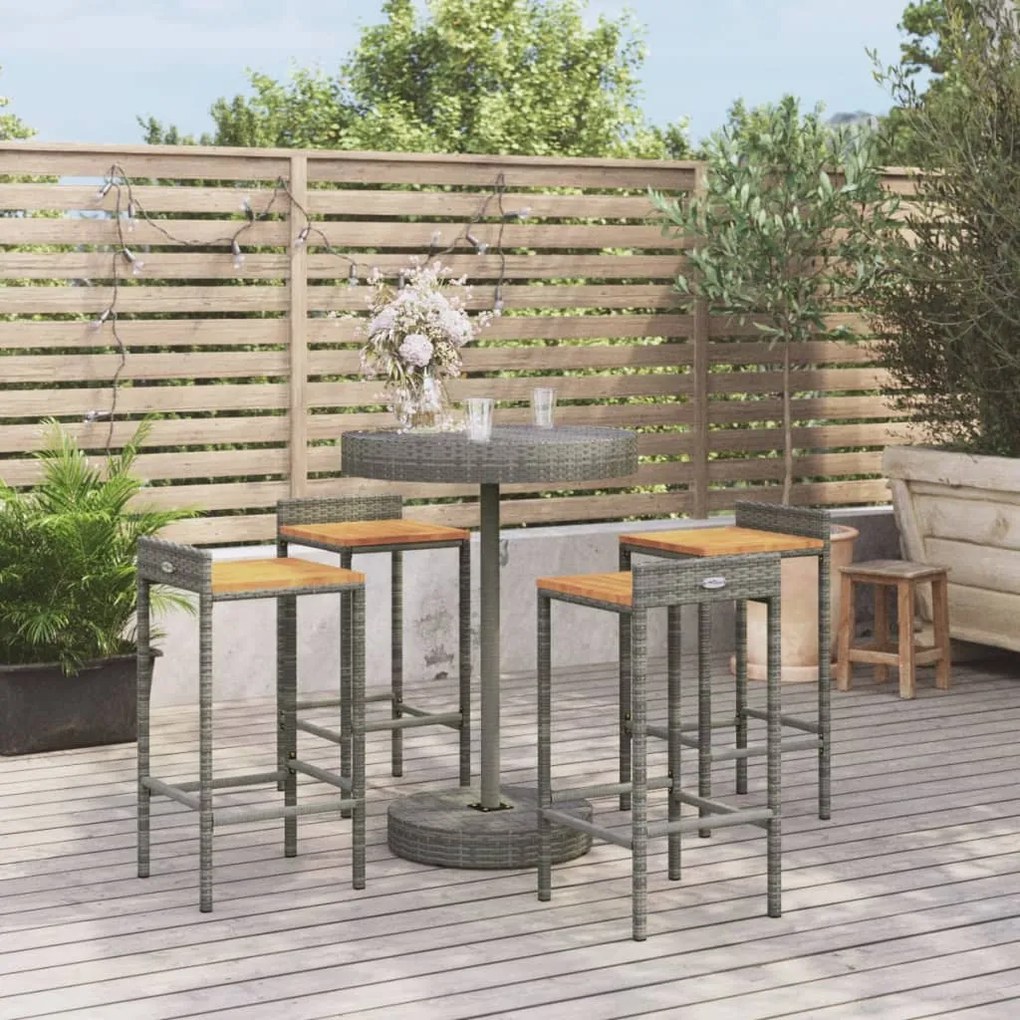 Set bar giardino 5pz grigio polyrattan e legno massello acacia