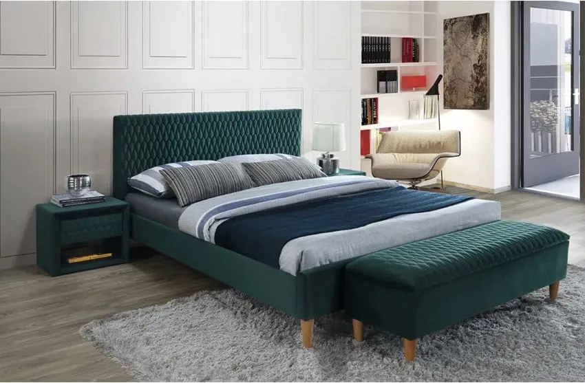 Letto Azurro imbottito in velluto verde - 160x200 cm