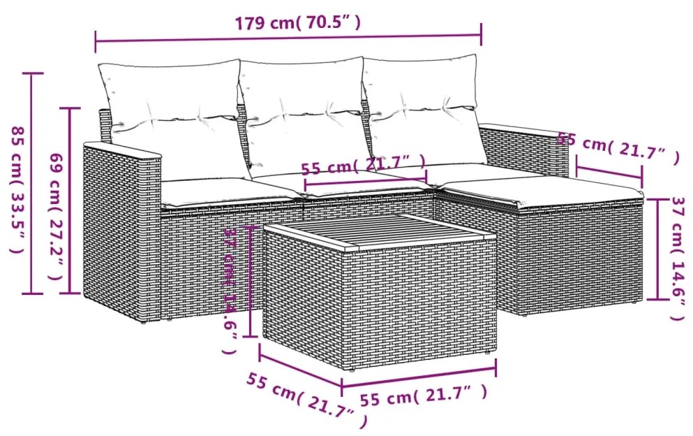 Set divano da giardino 5 pz con cuscini beige in polyrattan