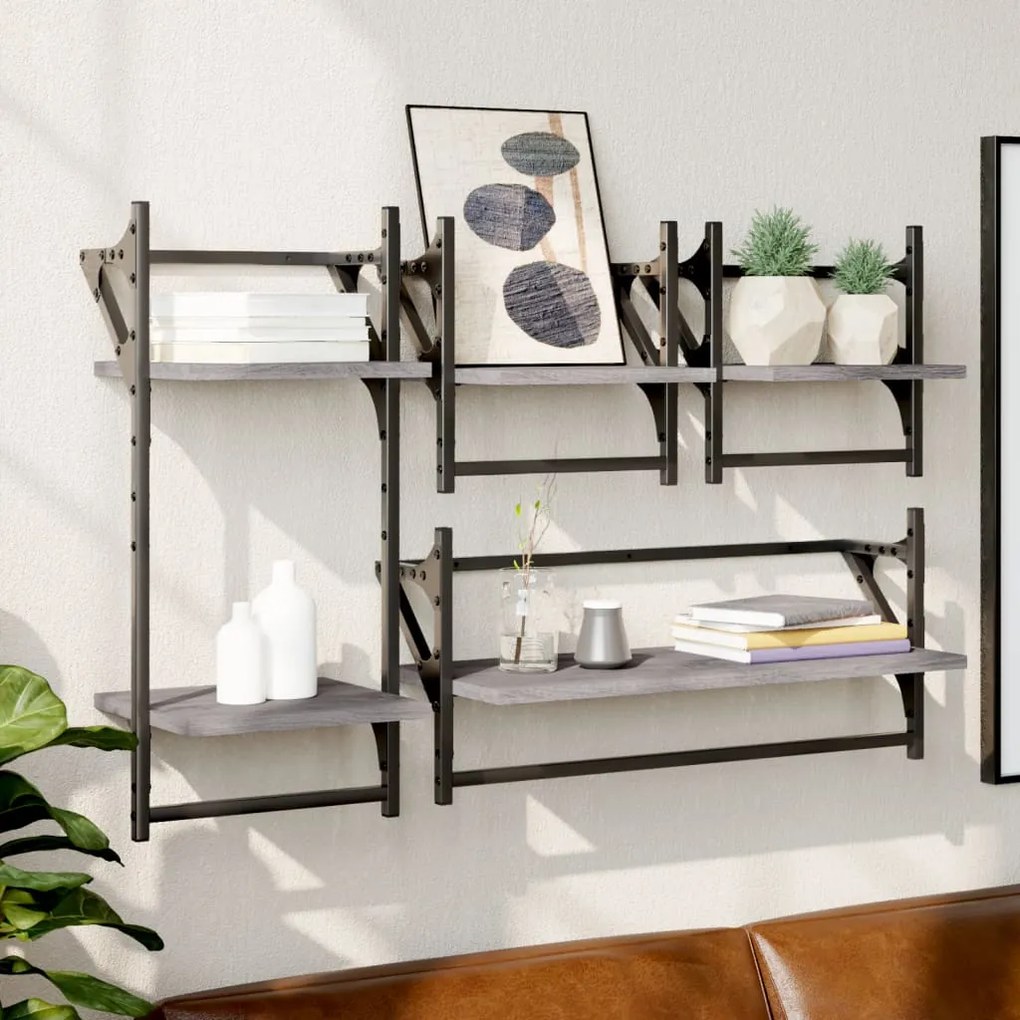 Set Mensole Parete Con Aste 4pz Grigio Sonoma Legno Multistrato /
