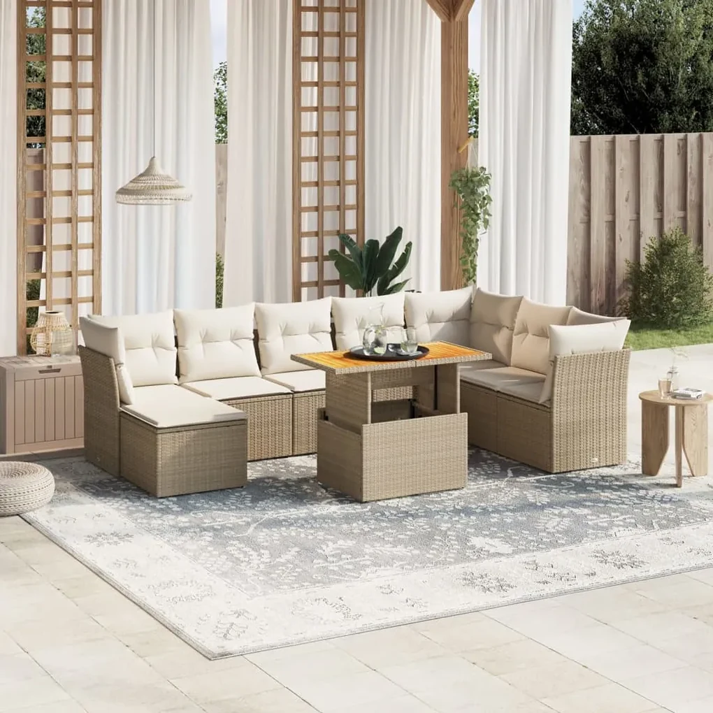 Set divano da giardino 9 pz con cuscini beige in polyrattan