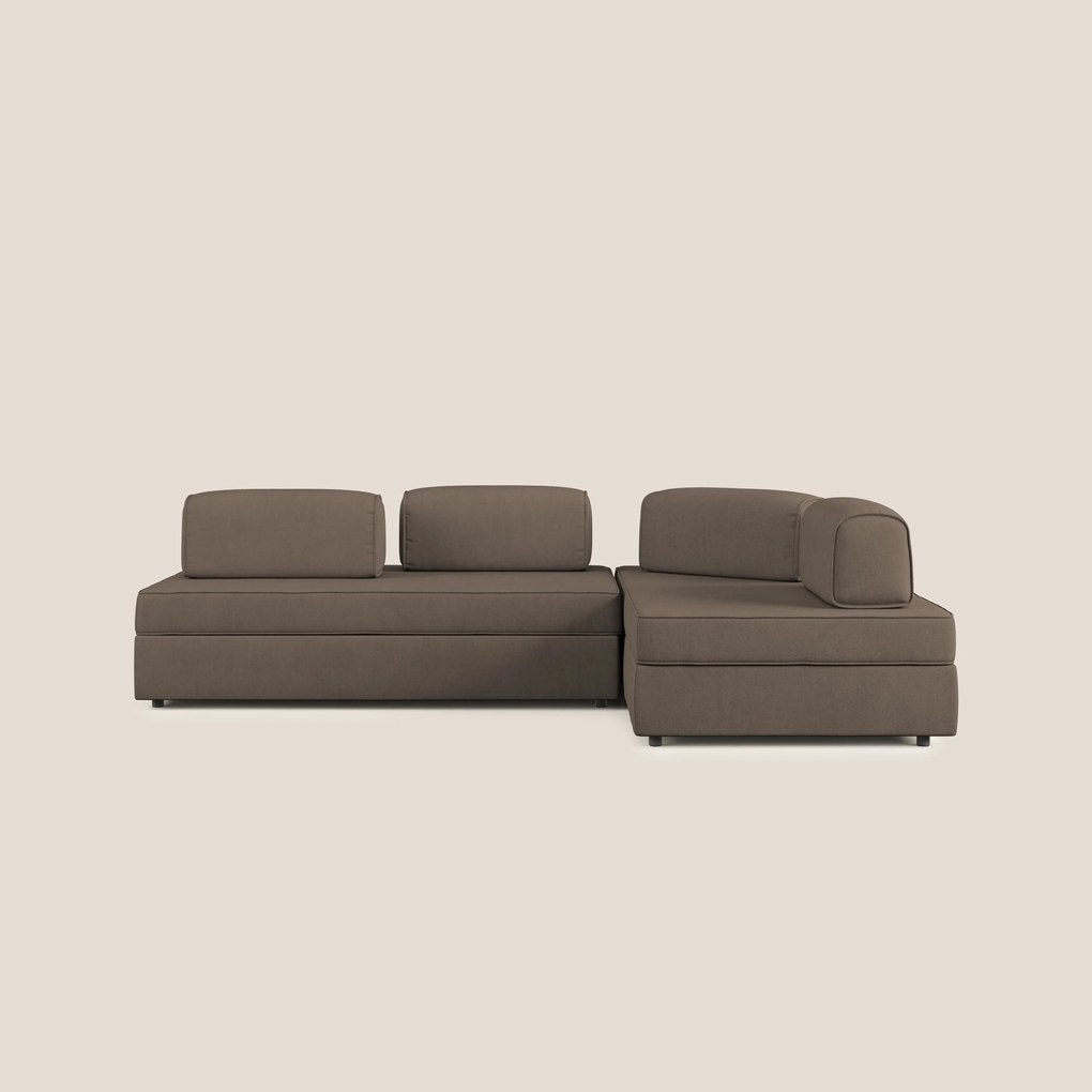 Liberty divano angolare con pouf estraibile e schienali movibili in tessuto morbido impermeabile T02 marrone
