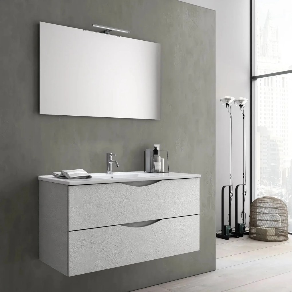 Mobile Bagno Sospeso Effetto Pietra 80cm Due Cassetti e Specchio con Lampada