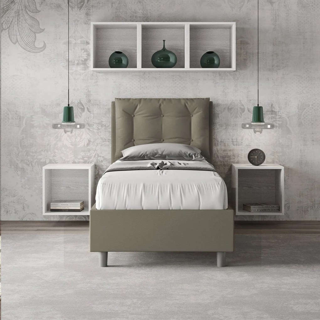 Letto singolo imbottito similpelle Annalisa con e senza rete e contenitore, Cappuccino / Contenitore