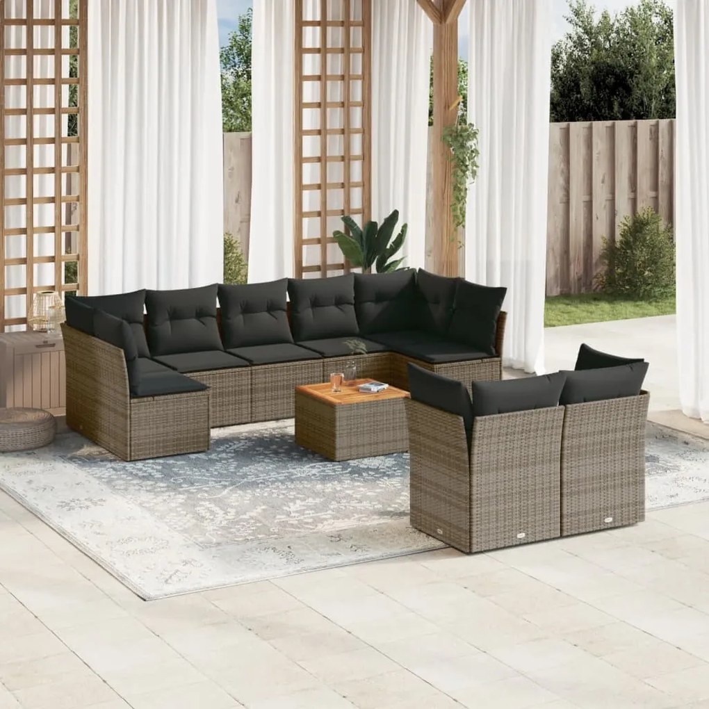 Set divano da giardino 10 pz con cuscini grigio in polyrattan