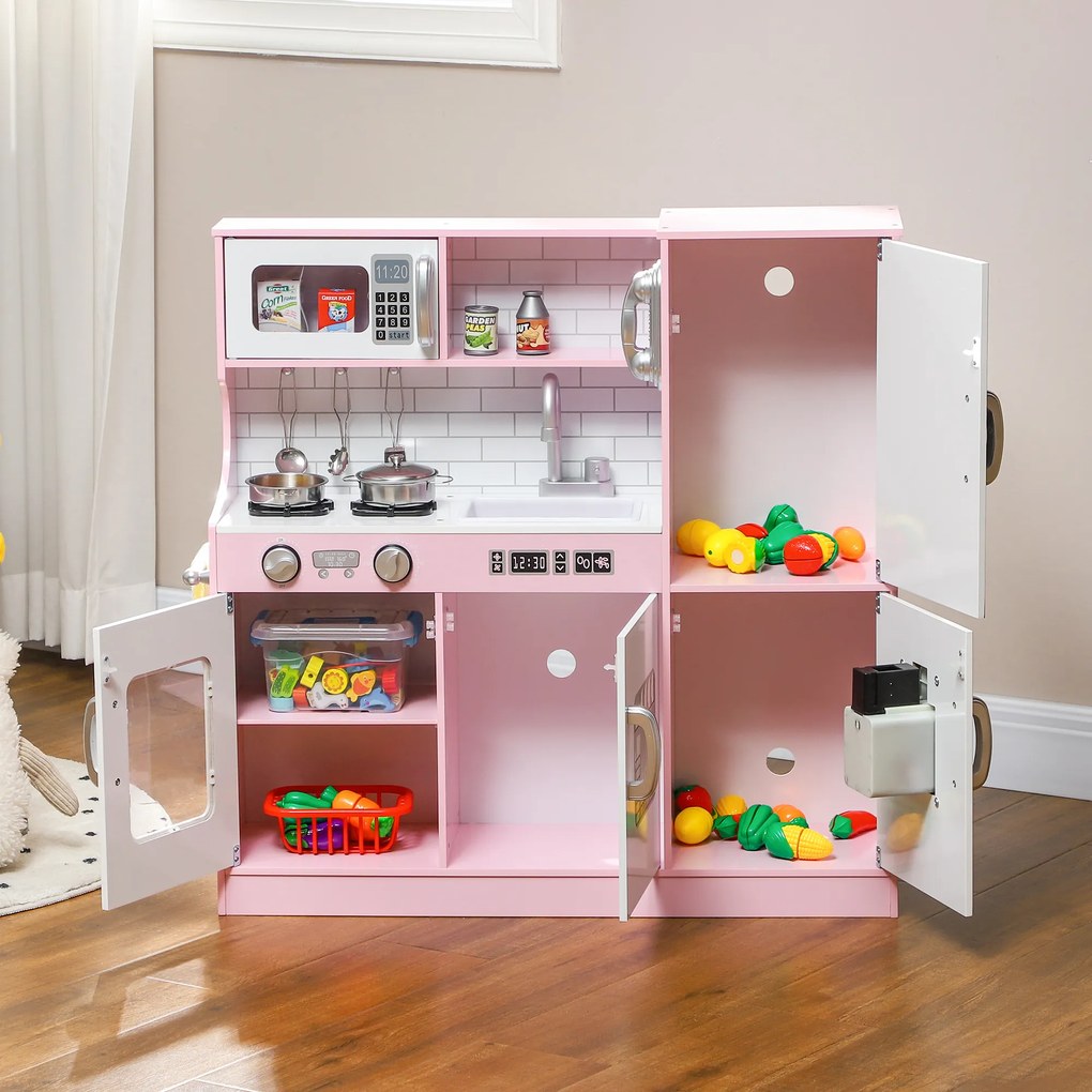 Cucina Giocattolo per Bambini 3-8 Anni con Fornelli Microonde Lavandino in Legno Rosa...
