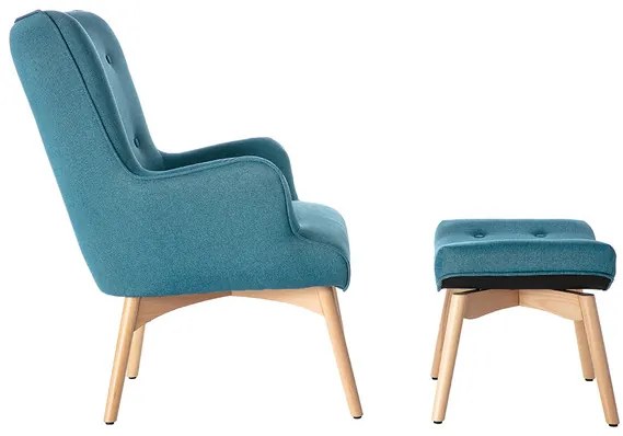 Poltrona design scandinava con poggiapiedi blu petrolio e legno chiaro BRISTOL