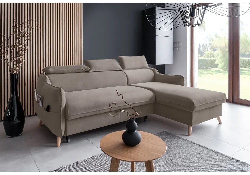 Divano letto angolare in velluto marrone chiaro (angolo destro) Sweet Harmony - Miuform