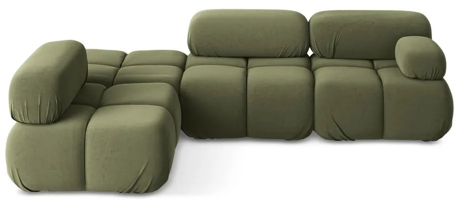 Divano angolare componibile verde chiaro (con penisola a sinistra) con rivestimento in velluto Lokua – Makamii