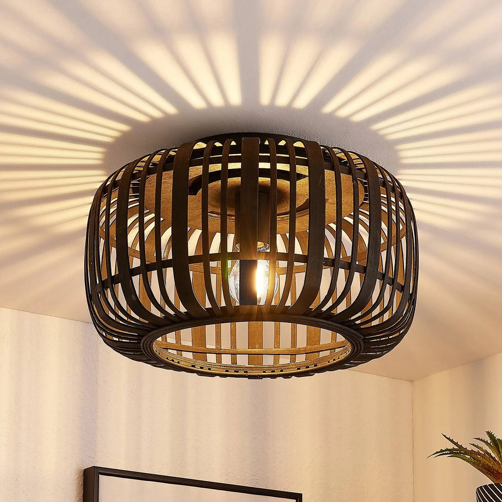 Plafoniera soffitto Canyana Lindby, dimmerabile, Legno scuro, Soggiorno / Sala da pranzo, Legno, Campagna / Rustiche, Plafoniera