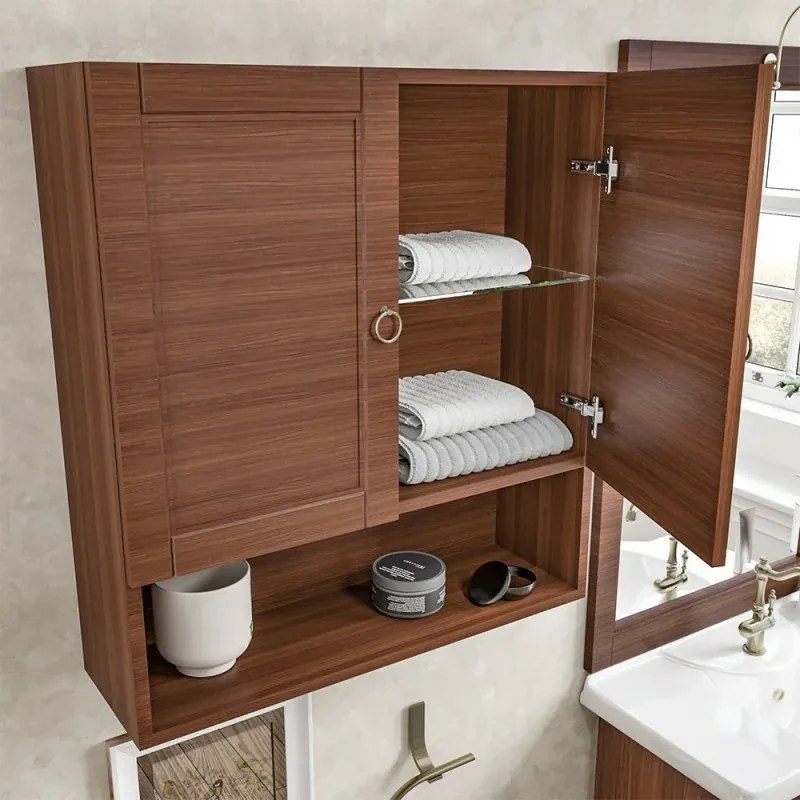 Pensile bagno sospeso 60 cm noce con ripiano in vetro e vano Romantica