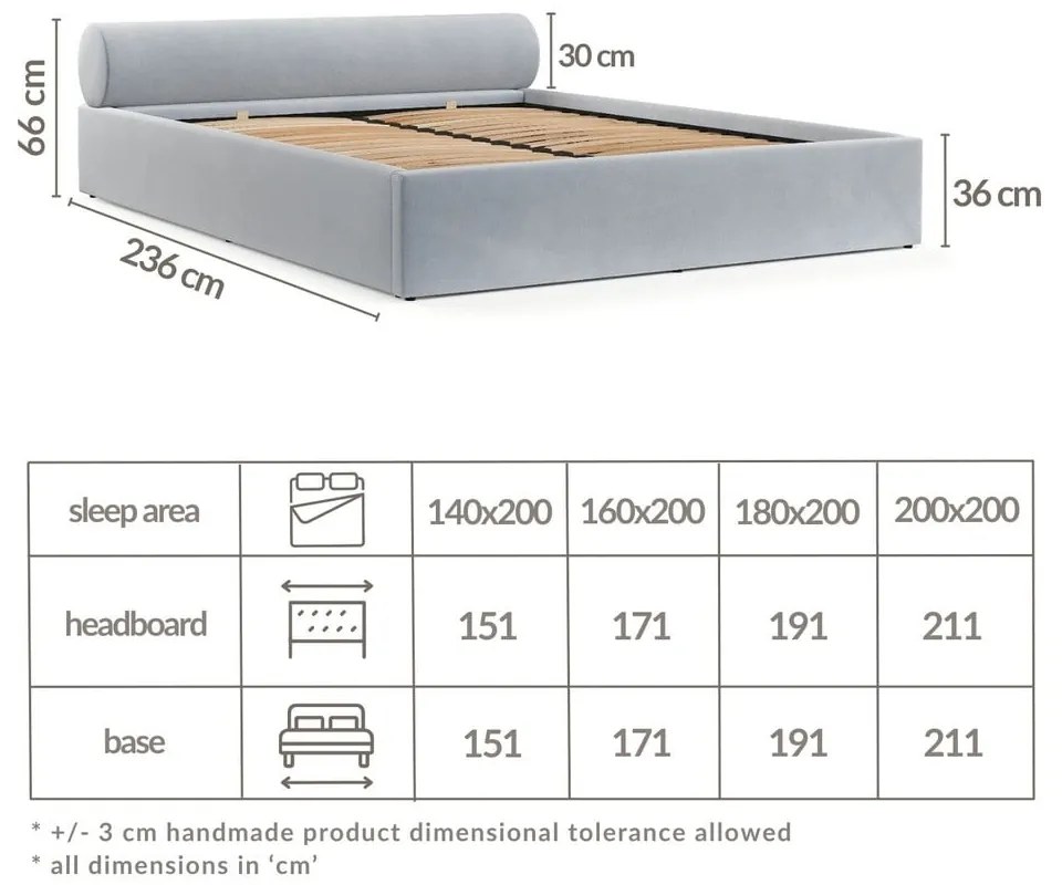 Letto matrimoniale imbottito grigio chiaro con contenitore e rete inclusi 160x200 cm Solvo – Maison de Rêve