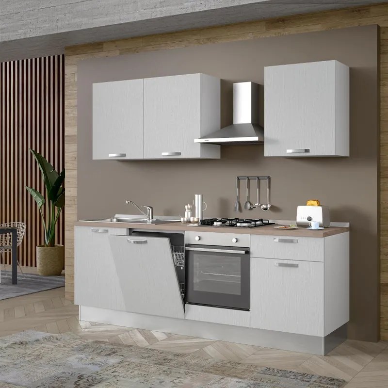 Cucina montata Dora bianco spatolato, lavello a sinistra, L 240 cm, completa di: cappa a camino, piano cottura a gas, forno e lavastoviglie