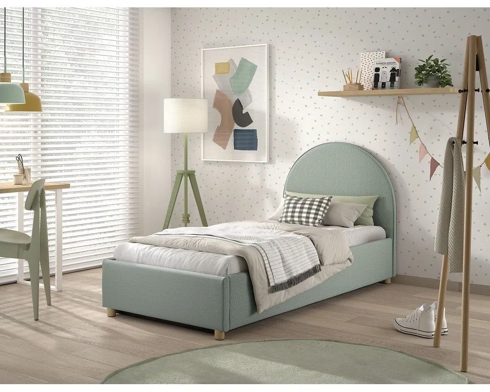 Letto singolo imbottito verde con contenitore con rete inclusa 90x200 cm Moon – Vipack