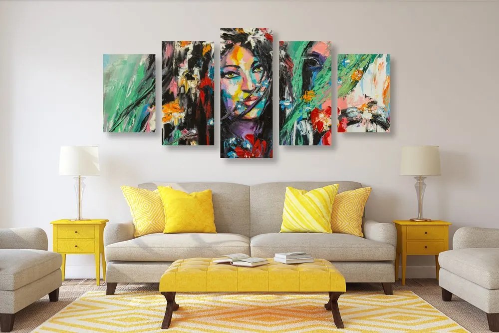 Quadri 5 pezzi – Pittura a olio donna e cavallo