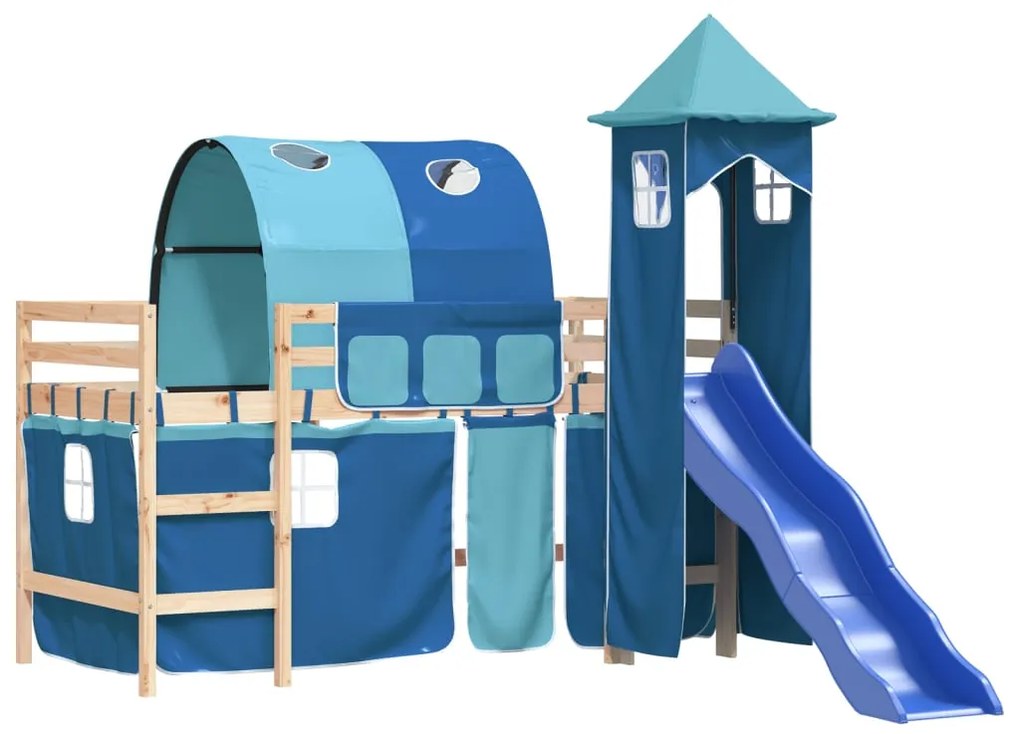Letto a soppalco con torre bambini blu 80x200cm massello pino
