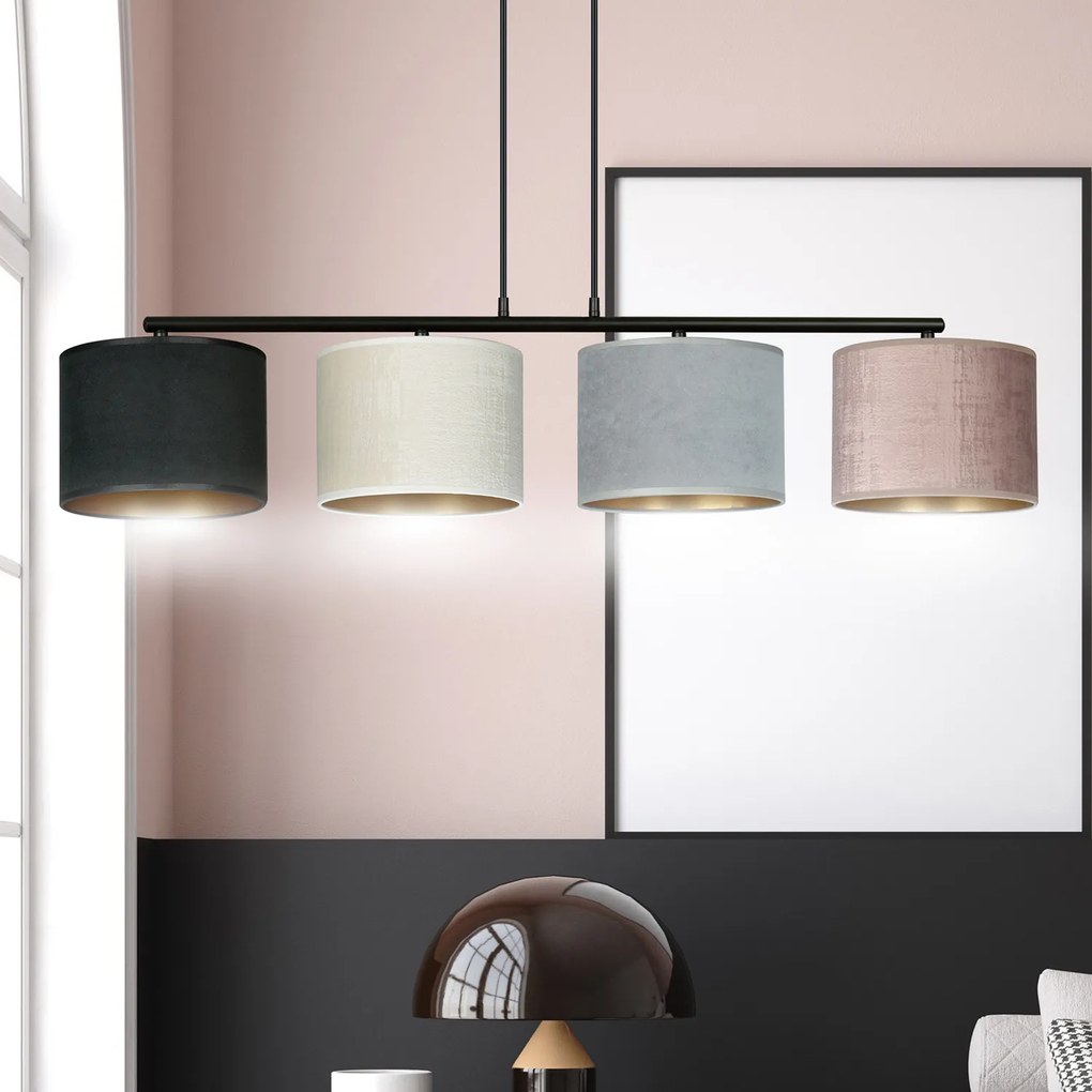 Lampadario 4 Luci Ganesha In Acciaio Nero E Paralumi In Tessuto Multicolore