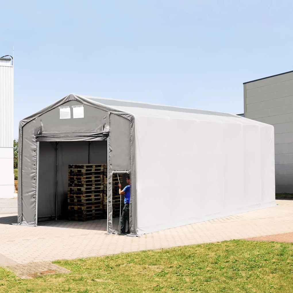 TOOLPORT 6x12 m tendostruttura, altezza 4,0m porta a pacchetto e lucernari, PVC 850, grigio, con statica (sottofondo in cemento) - (94135)