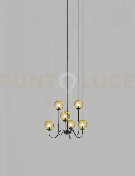 Puppet sospensione 6p ambra trasparente nero opaco 6 luci attacco  g9