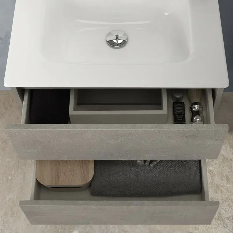 Mobile bagno sospeso 60cm in legno grigio cemento 2 cassettoni con lavabo e specchio Leda