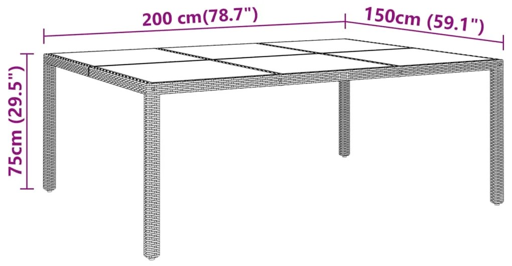 Tavolo giardino 200x150x75 cm vetro temperato polyrattan grigio