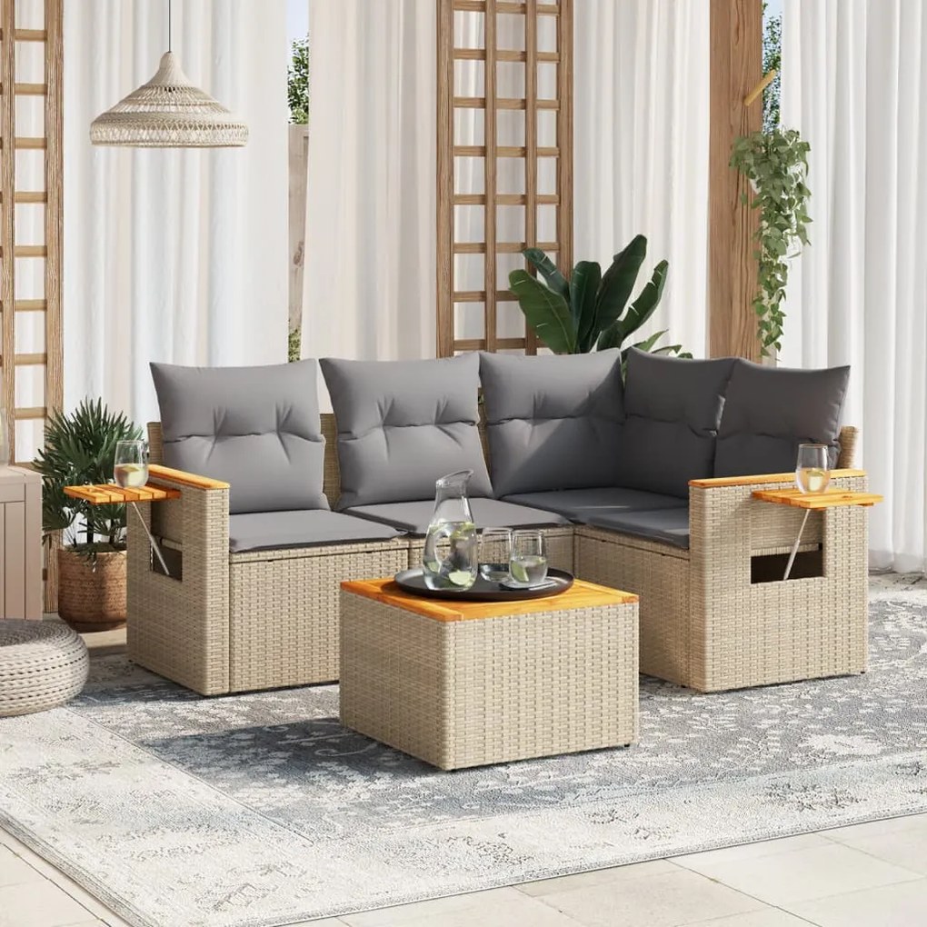 Set Divano da Giardino 5 pz con Cuscini Beige in Polyrattan