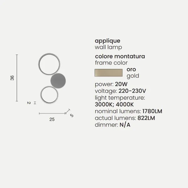 Applique 25x36 cm POIS in metallo verniciato Oro