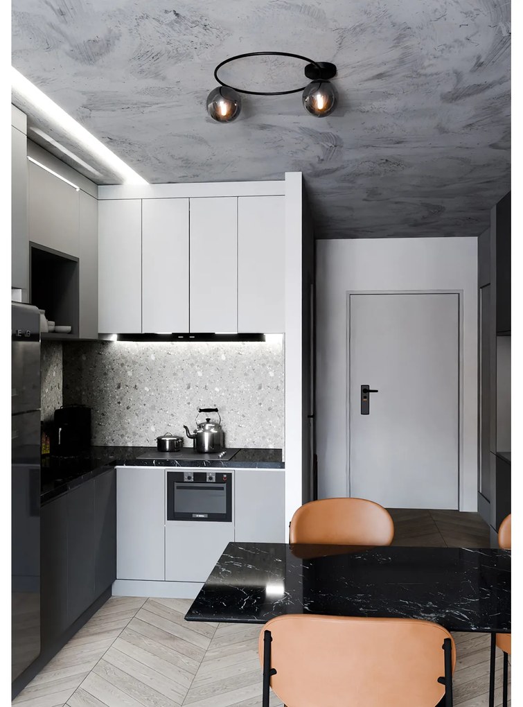 Plafoniera Minimal 2 Luci Perseo In Acciaio Nero E Sfere In Vetro Fumè