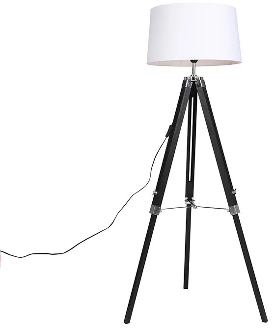 Lampada da terra treppiede nera con paralume 45 cm in lino bianco