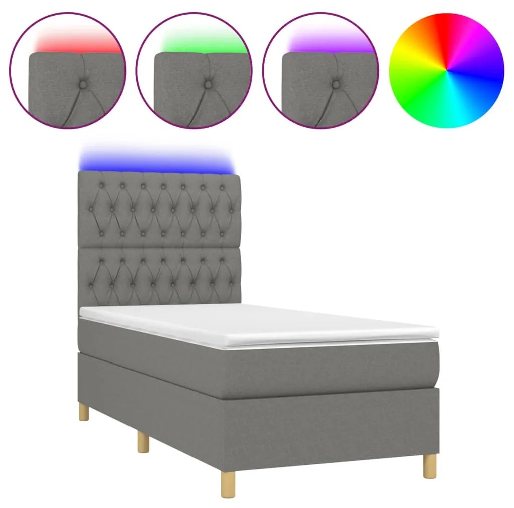 Letto a molle materasso e led grigio scuro 90x190 cm in tessuto