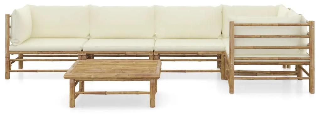 Set divani da giardino 6 pz con cuscini bianco crema in bambù