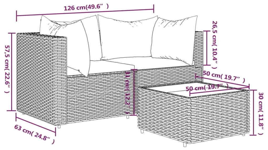 Set Divani da Giardino 3 pz con Cuscini in Polyrattan Grigio